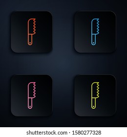 Color neon line Bread knife icon isolated on black background. Cutlery symbol. Set icons in square buttons. Vector Illustration