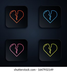 Color neon line Broken heart or divorce icon isolated on black background. Love symbol. Valentines day. Set icons in square buttons. Vector Illustration