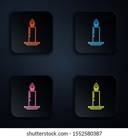 Color neon line Burning candle in candlestick icon on black background. Old fashioned lit candle. Cylindrical candle stick with burning flame. Set icons in colorful square buttons. Vector Illustration