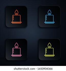 Color neon line Burning candle in candlestick icon isolated on black background. Cylindrical candle stick with burning flame. Set icons in square buttons. Vector Illustration