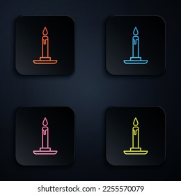 Color neon line Burning candle in candlestick icon isolated on black background. Cylindrical candle stick with burning flame. Set icons in square buttons. Vector Illustration