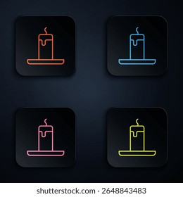 Color neon line Burning candle icon isolated on black background. Cylindrical candle stick with burning flame. Set icons in square buttons. Vector