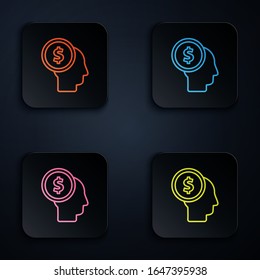 Color neon line Business man planning mind icon isolated on black background. Human head with dollar. Idea to earn money. Business investment growth. Set icons in square buttons. Vector Illustration