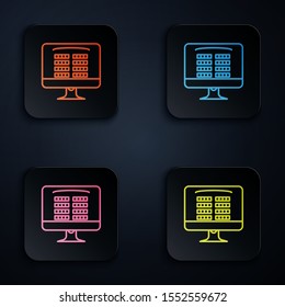 Color neon line Buy cinema ticket online icon isolated on black background. Service Concept. Set icons in colorful square buttons. Vector Illustration