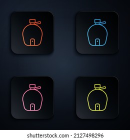 Color neon line Canteen water bottle icon isolated on black background. Tourist flask icon. Jar of water use in the campaign. Set icons in square buttons. Vector Illustration