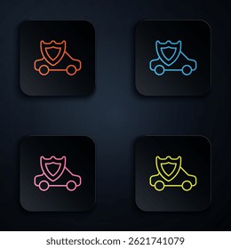 Color neon line Car with shield icon isolated on black background. Insurance concept. Security, safety, protection, protect concept. Set icons in square buttons. Vector