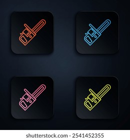 Color neon line Chainsaw icon isolated on black background. Set icons in square buttons. Vector Illustration