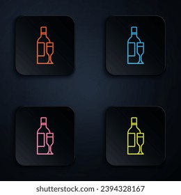 Color neon line Champagne bottle with glass icon isolated on black background. Set icons in square buttons. Vector