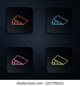 Color neon line Cheese icon isolated on black background. Set icons in square buttons. Vector