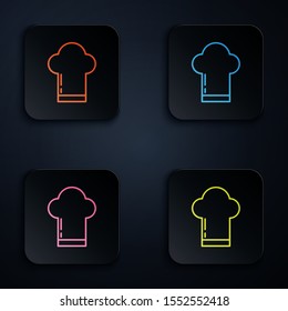 Color neon line Chef hat icon isolated on black background. Cooking symbol. Cooks hat. Set icons in colorful square buttons. Vector Illustration