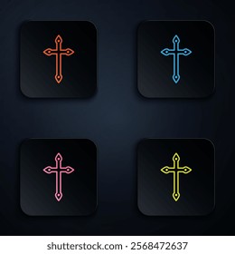 Color neon line Christian cross icon isolated on black background. Church cross. Set icons in square buttons. Vector Illustration