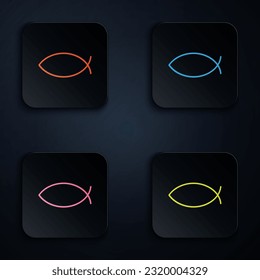 Color neon line Christian fish symbol icon isolated on black background. Jesus fish symbol. Set icons in square buttons. Vector Illustration