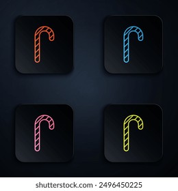 Color neon line Christmas candy cane with stripes icon isolated on black background. Merry Christmas and Happy New Year. Set icons in square buttons. Vector