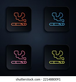 Color neon line Cigarette icon isolated on black background. Tobacco sign. Smoking symbol. Set icons in square buttons. Vector