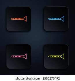 Color neon line Clarinet icon isolated on black background. Musical instrument. Set icons in colorful square buttons. Vector Illustration