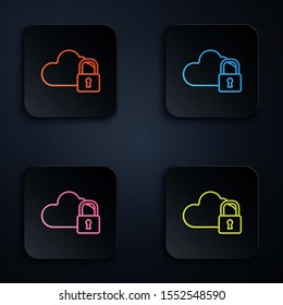 Color neon line Cloud computing lock icon isolated on black background. Security, safety, protection concept. Protection of personal data. Set icons in colorful square buttons. Vector Illustration