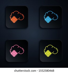 Color neon line Cloud with snow icon isolated on black background. Cloud with snowflakes. Single weather icon. Snowing sign. Set icons in colorful square buttons. Vector Illustration