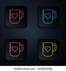 Color neon line Coffee cup and heart icon isolated on black background. Couple coffee for lovers on Valentines Day. Set icons in square buttons. Vector Illustration