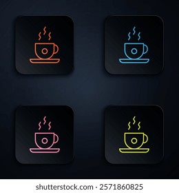 Color neon line Coffee cup icon isolated on black background. Tea cup. Hot drink coffee. Set icons in square buttons. Vector Illustration