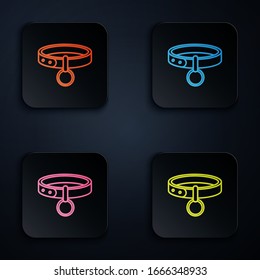 Color neon line Collar with name tag icon isolated on black background. Simple supplies for domestic animal. Cat and dog care. Pet chains. Set icons in square buttons. Vector Illustration