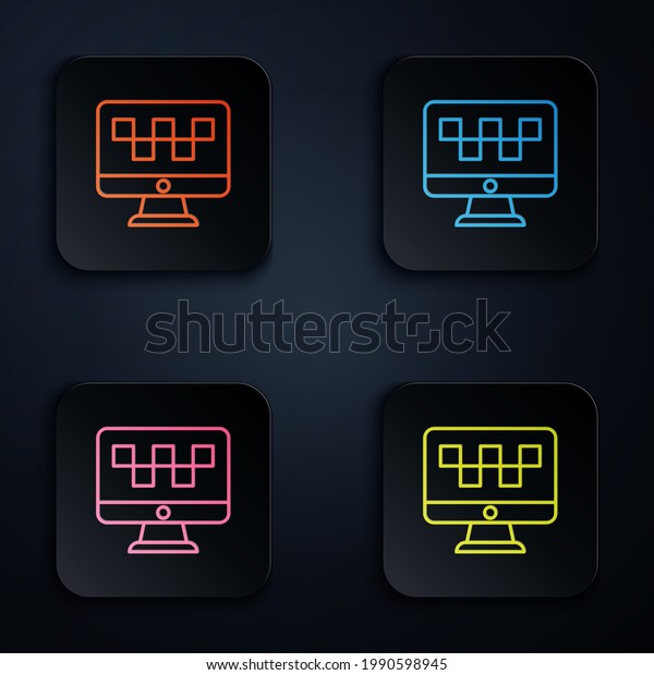 Color\
neon line Computer call taxi service icon isolated on black\
background. Set icons in square buttons.\
Vector