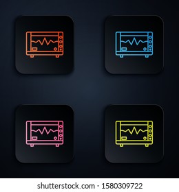 Color neon line Computer monitor with cardiogram icon isolated on black background. Monitoring icon. ECG monitor with heart beat hand drawn. Set icons in colorful square buttons. Vector Illustration