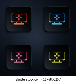 Color neon line Computer monitor icon isolated on black background. PC component sign. Set icons in square buttons. Vector Illustration