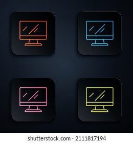Color neon line Computer monitor screen icon isolated on black background. Electronic device. Front view. Set icons in square buttons. Vector