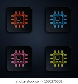 Color neon line Computer processor with microcircuits CPU icon isolated on black background. Chip or cpu with circuit board sign. Micro processor. Set icons in square buttons. Vector Illustration