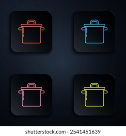 Color neon line Cooking pot icon isolated on black background. Boil or stew food symbol. Set icons in square buttons. Vector