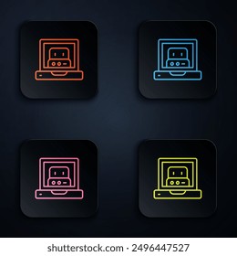 Color neon line Creating robot icon isolated on black background. Artificial intelligence, machine learning, cloud computing. Set icons in square buttons. Vector