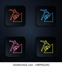 Color neon line Cryptocurrency cloud mining icon on white background. Cloud with pickaxe, bitcoin, digital money market, cryptocoin wallet. Set icons in colorful square buttons. Vector Illustration