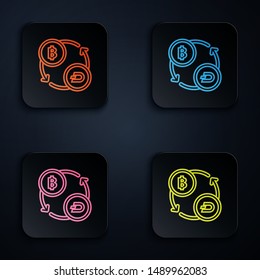 Color neon line Cryptocurrency exchange icon on white background. Bitcoin to Dash exchange icon. Cryptocurrency technology, mobile banking. Set icons in colorful square buttons. Vector Illustration