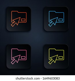 Color neon line Cursor click document folder icon isolated on black background. Accounting binder symbol. Bookkeeping management. Set icons in square buttons. Vector Illustration