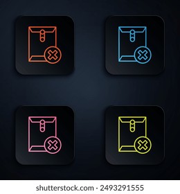 Color neon line Delete envelope icon isolated on black background. Delete or error letter. Cross on message. Rejected mail. Set icons in square buttons. Vector