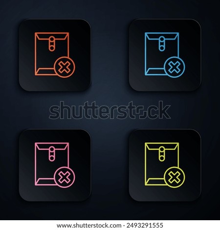 Color neon line Delete envelope icon isolated on black background. Delete or error letter. Cross on message. Rejected mail. Set icons in square buttons. Vector