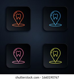 Color neon line Dental clinic location icon isolated on black background. Set icons in square buttons. Vector Illustration