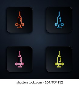 Color neon line Dental medical syringe with needle icon isolated on black background. Set icons in square buttons. Vector Illustration