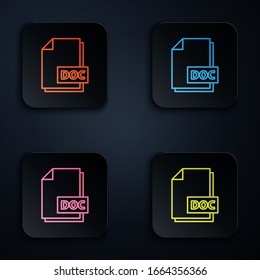 Color neon line DOC file document. Download doc button icon isolated on black background. DOC file extension symbol. Set icons in square buttons. Vector Illustration