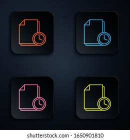 Color neon line Document with clock icon isolated on black background. Document and countdown, deadline, schedule, planning symbol. Set icons in square buttons. Vector Illustration