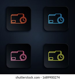 Color neon line Document folder with clock icon isolated on black background. Document and countdown, deadline, schedule, planning symbol. Set icons in square buttons. Vector Illustration