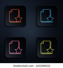 Color neon line Document with star icon isolated on black background. Document best, favorite, rating symbol. Set icons in square buttons. Vector Illustration