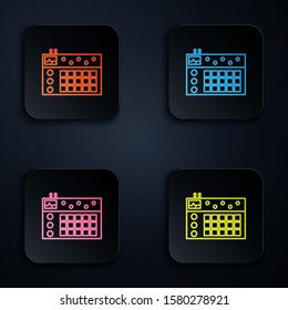 Color neon line Drum machine icon isolated on black background. Musical equipment. Set icons in colorful square buttons. Vector Illustration