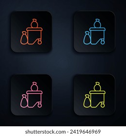 Color neon line Dumpsters being full with garbage icon isolated on black background. Garbage is pile lots dump. Garbage waste lots junk dump. Set icons in square buttons. Vector