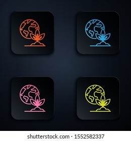 Color neon line Earth globe and plant icon isolated on black background. World or Earth sign. Geometric shapes. Environmental concept. Set icons in colorful square buttons. Vector Illustration