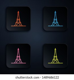 Color neon line Eiffel tower icon isolated on white background. France Paris landmark symbol. Set icons in colorful square buttons. Vector Illustration