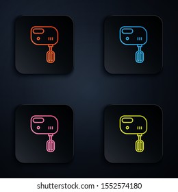 Color neon line Electric mixer icon isolated on black background. Kitchen blender. Set icons in colorful square buttons. Vector Illustration