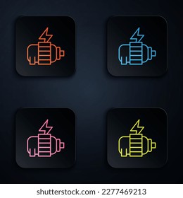 Color neon line Electric motor icon isolated on black background. Set icons in square buttons. Vector