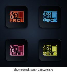 Color neon line Electronic computer components motherboard digital chip integrated science icon isolated on black background. Circuit board. Set icons in square buttons. Vector Illustration