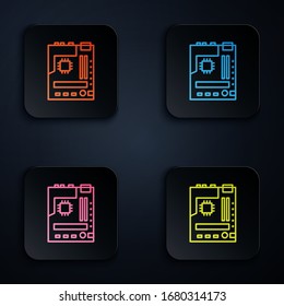 Color neon line Electronic computer components motherboard digital chip integrated science icon isolated on black background. Circuit board. Set icons in square buttons. Vector Illustration